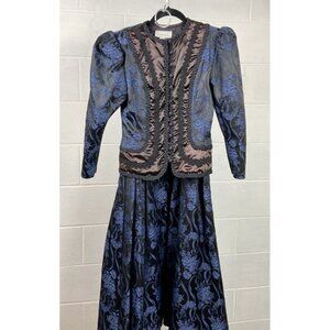Vintage Scott McClintock‎ Victorian Jacket Skirt Set Size 4 Blue/Black 80s 90s